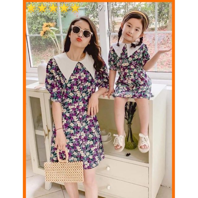 Váy đôi mẹ và bé gái _ đầm đôi mẹ và bé hoa nhí cổ sơ mi mùa hè ( chất mát)