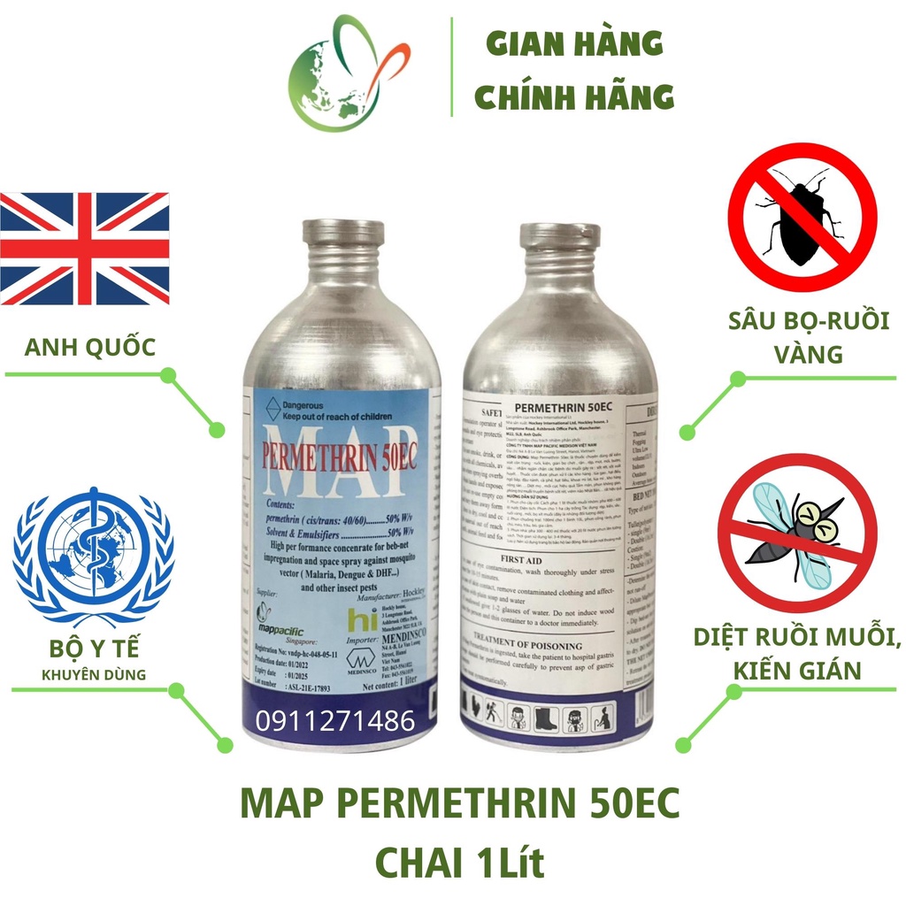 Thuốc Diệt Muỗi, Côn Trùng MAP PERMETHRIN 50EC Chai 1l Xuất Xứ Anh Quốc, Trừ Sâu Bệnh Cây Trái Hiệu Qủa