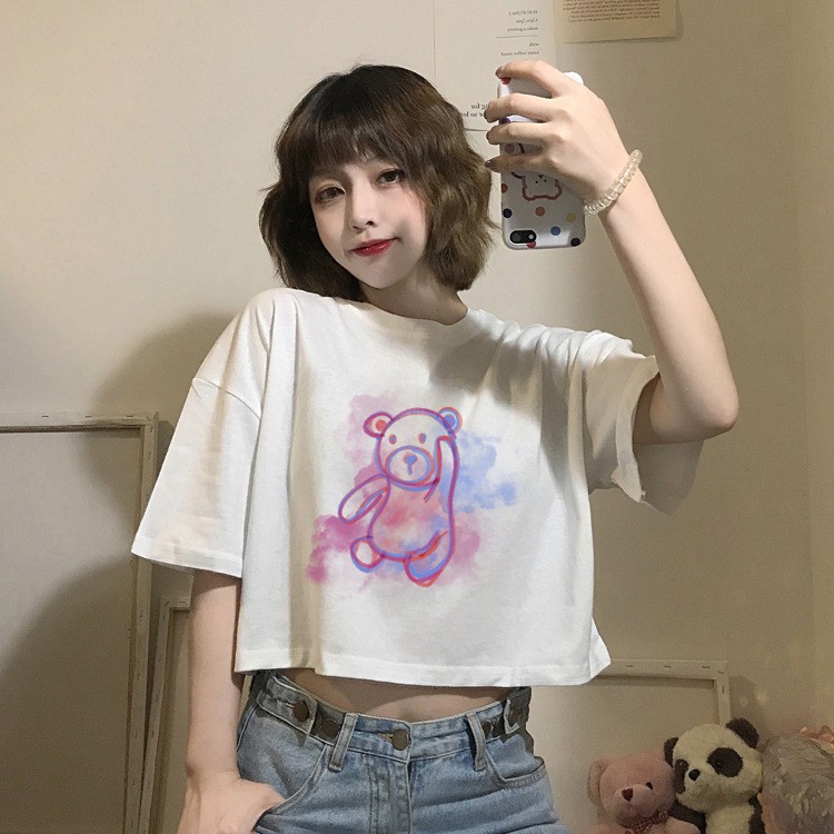 Áo croptop form rộng tay lỡ, Áo thun croptop nữ form rộng in hình gấu ulzzang Hàn Quốc C69 - Maoshop