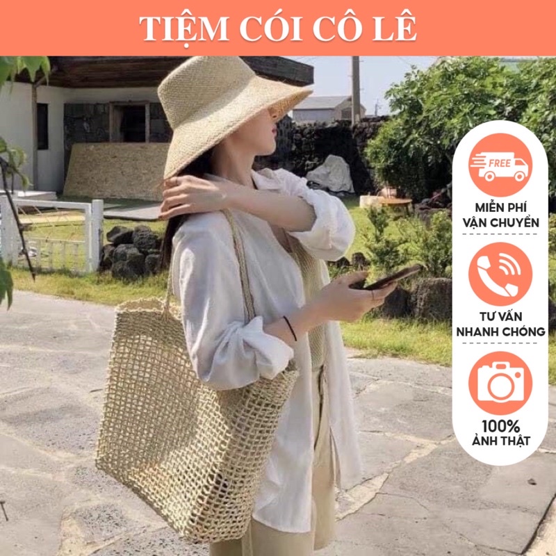 Túi cói đi biển đan thưa không lót loại 1 phong cách Hàn Quốc- Tiệm Cói Cô Lê