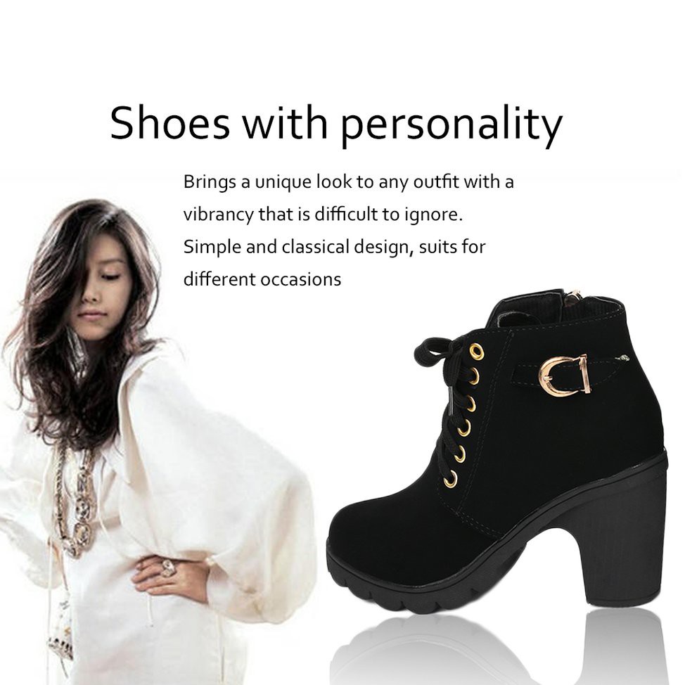 Fashion Women High Heel Lace Up Side Zipper Buckle Ankle Boots Suede Shoes