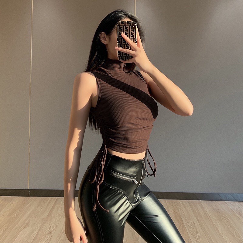 Áo cổ lọ ba lỗ ôm body dây rút, áo sát nách sexy A1811