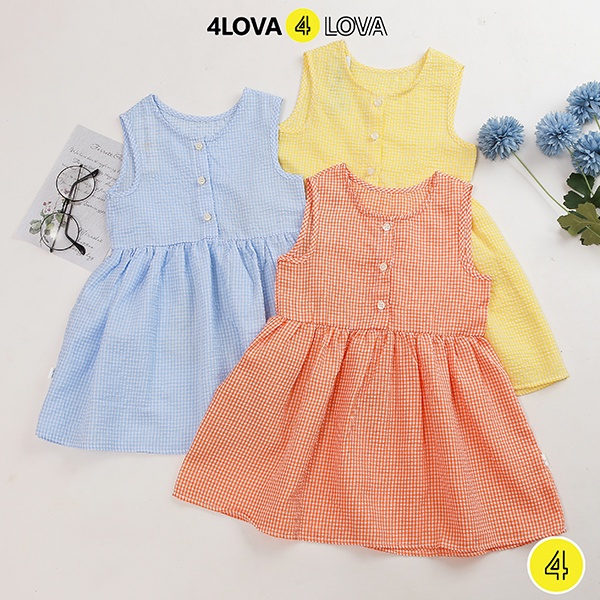 Váy bé gái công chúa sát nách 4LOVA thô cotton thoáng mát, mềm mại, họa tiết kẻ xinh xắn, thoáng mát KID006