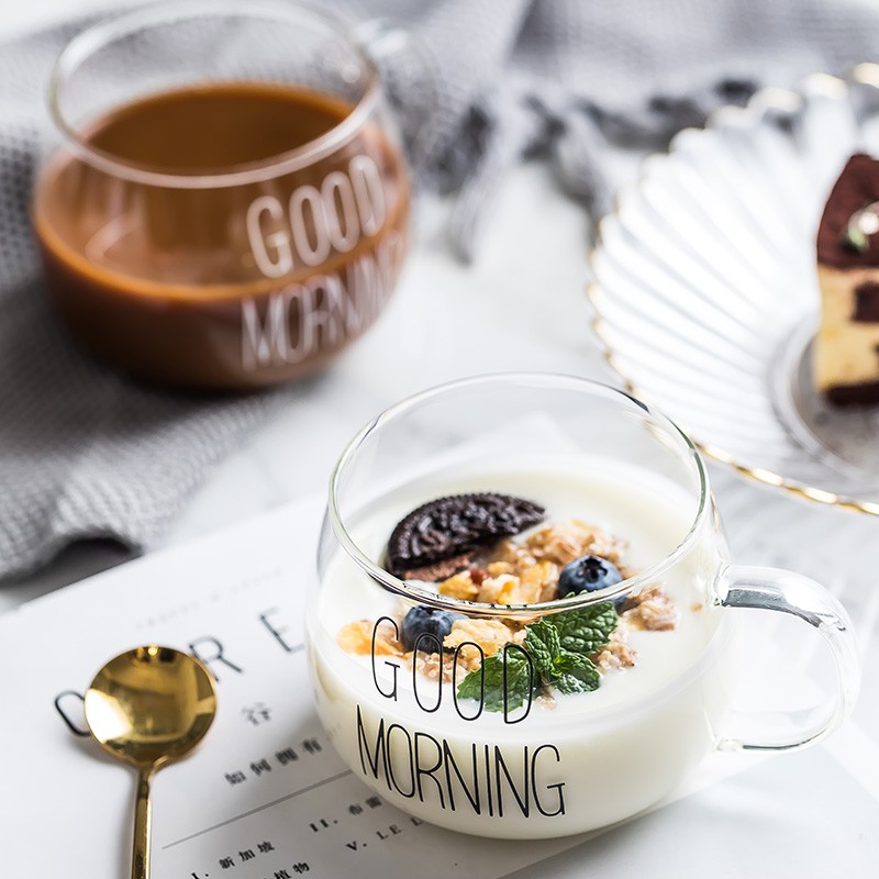 Ly thủy tinh dễ thương uống nước cute GOOD MORNING 350 ml Cốc thủy tinh chịu nhiệt có quai decor