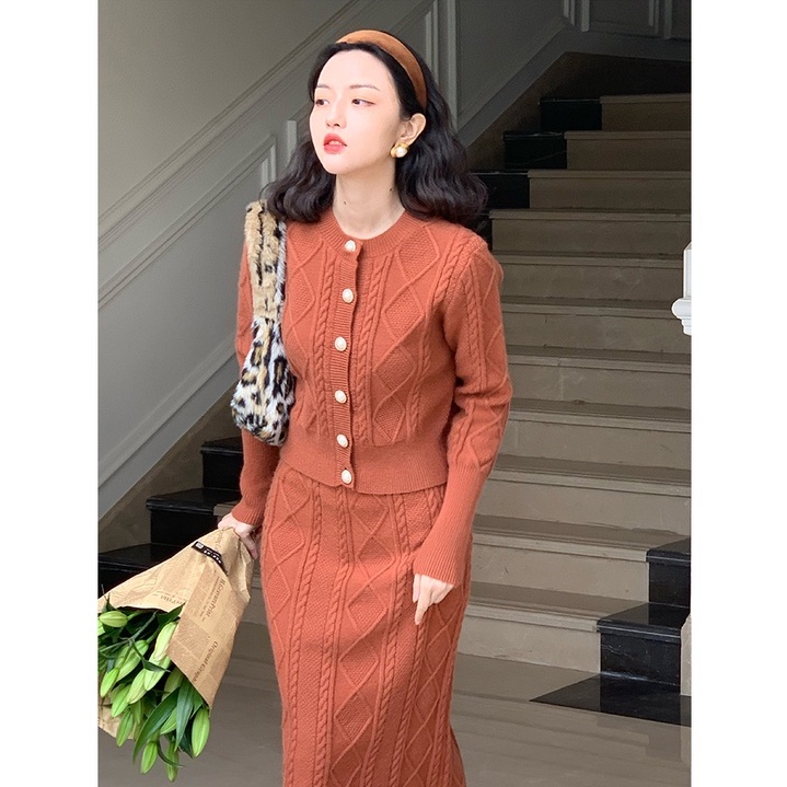 Set Áo Khoác Len + Chân Váy Dệt Kim Phong Cách Hong Kong Cho Nữ