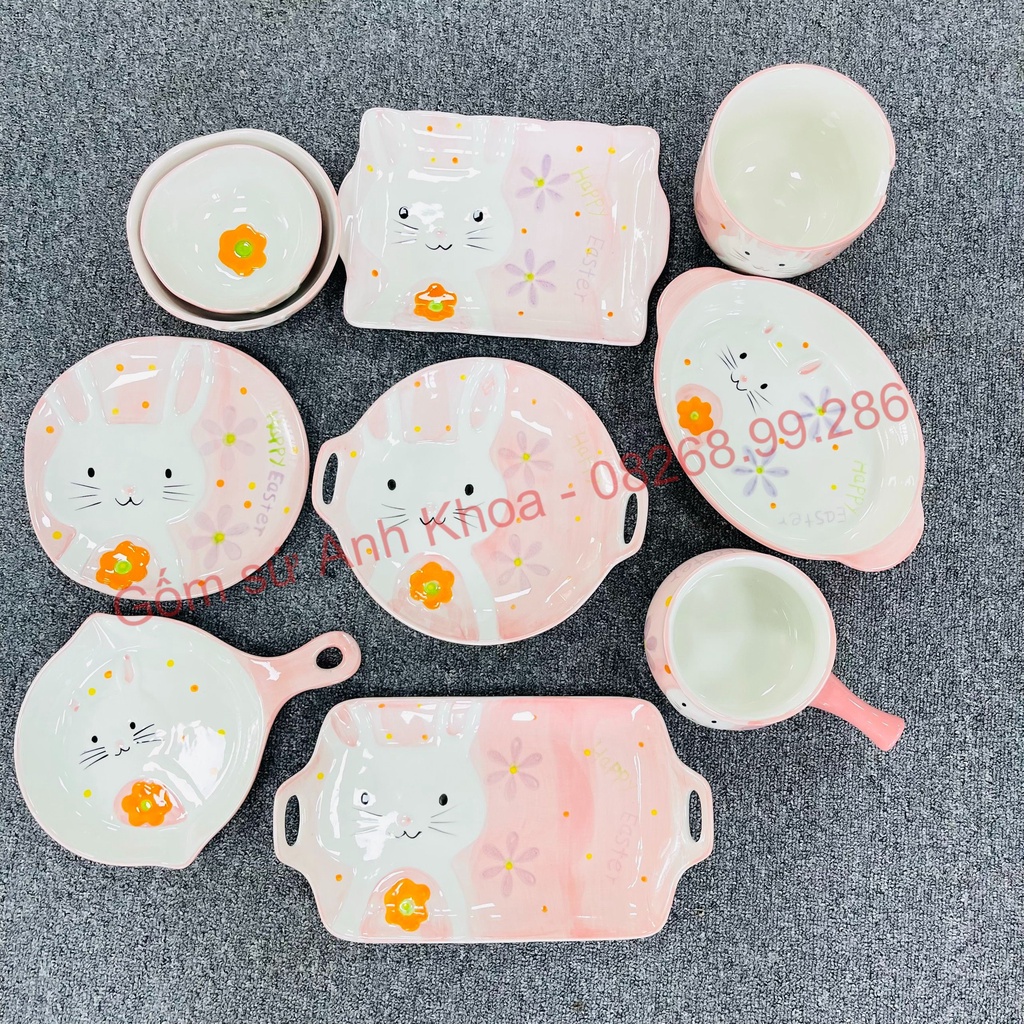 Chén Dĩa Dễ Thương Đĩa Sứ Set Bát Đĩa Decor Bát Ăn Cơm Chén Sứ Đẹp Bộ thỏ hồng 10 món cute