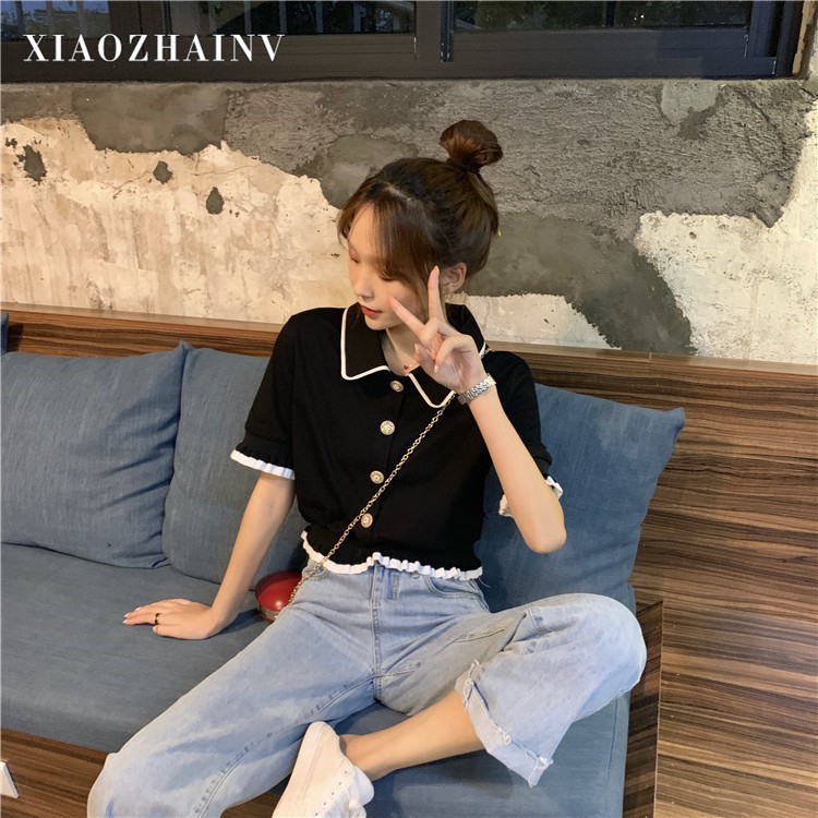 Xiaozhainv Áo thun polo ngắn tay phong cách Hàn Quốc cho nữ