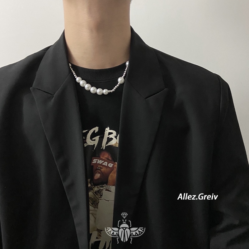 Vòng cổ Ngọc Trai Thép Titan hip hop Đường Phố Âu Mỹ Chất Lượng Cao Thời Trang Cho Nam