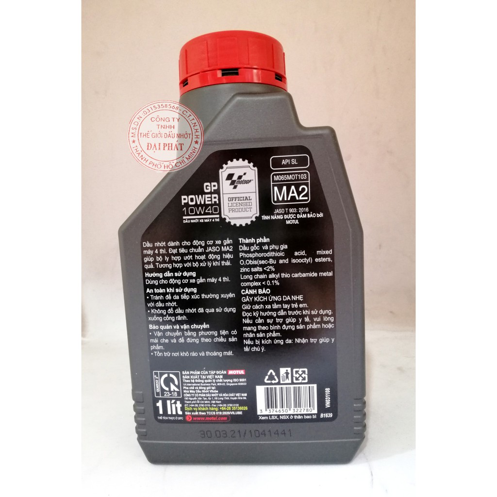 (Trợ giá đặc biệt phiên bản mới nhất Motul) Dầu nhớt Motul GP Power 4T 10w40 MA2 chai 1L