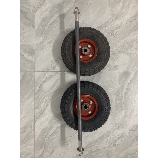 Combo hai bánh xe 25cm kèm trục dùng cho xe kéo hàng, đẩy hàng