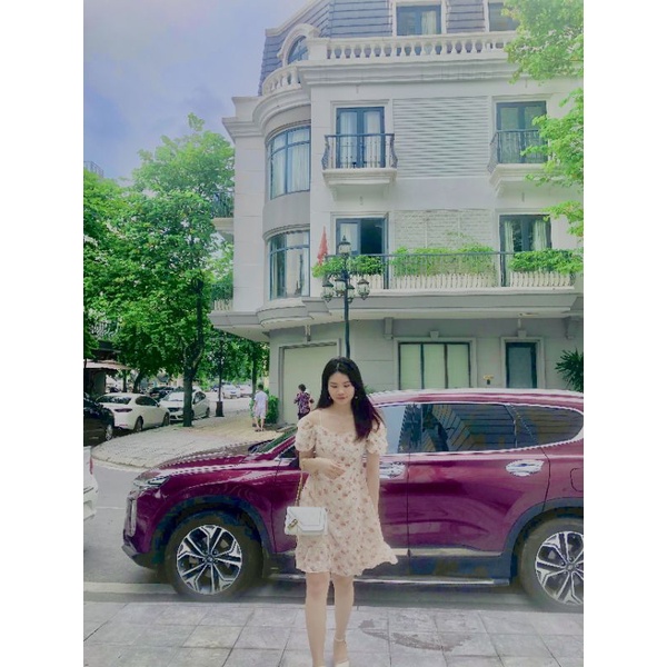 Váy voan hoa cam đất 2 dây trễ vai
