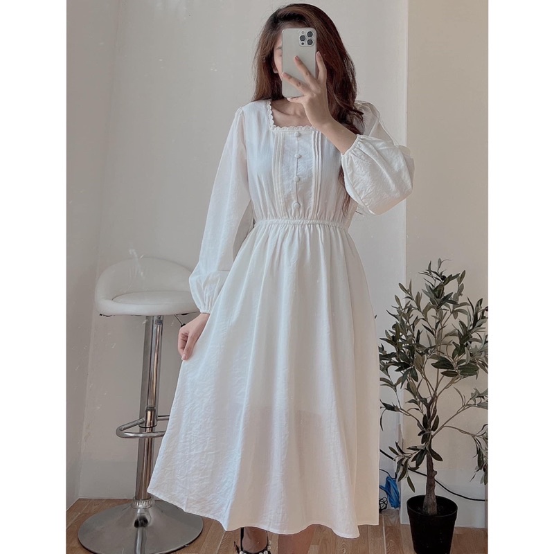 Váy trắng dài tay cổ vuông cúc bọc hai lớp - Đầm trắng trơn