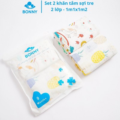 Set 2 Khăn Tắm BONNY 2 Lớp Sợi Tre Mềm Mịn, Thấm Hút Rất Tốt, Dễ Giặt, Mau Khô (KT: 1m1x1m2)