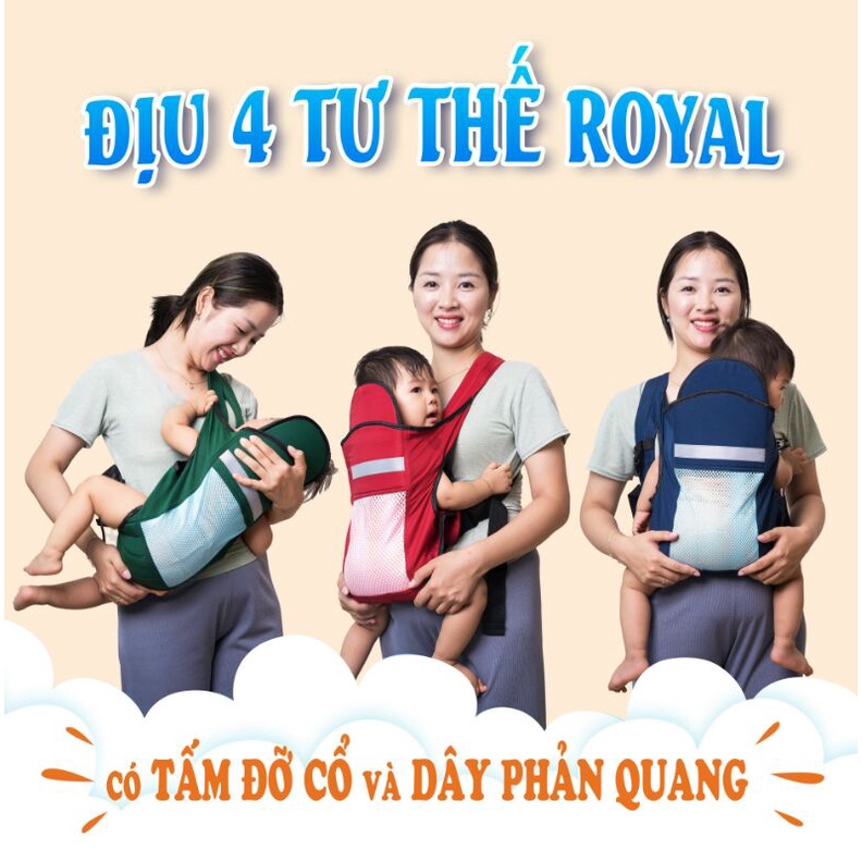Địu em bé 4 tư thế có đỡ cổ đa năng gọn nhẹ , dây phản quang an toàn - Đai địu bé đi xe máy Royal