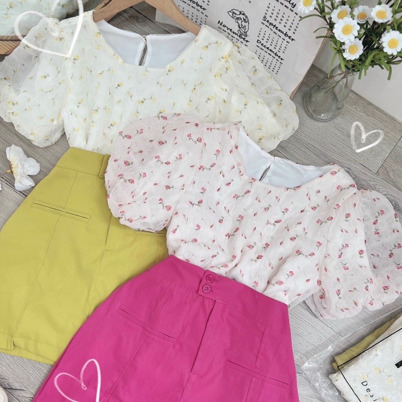 SET ÁO HOA TAY BỒNG + CHÂN VÁY NÚT HAI MÀU
