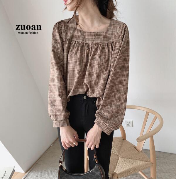 SUXI Áo tay dài form rộng họa tiết kẻ ca rô trẻ trung cho nữ