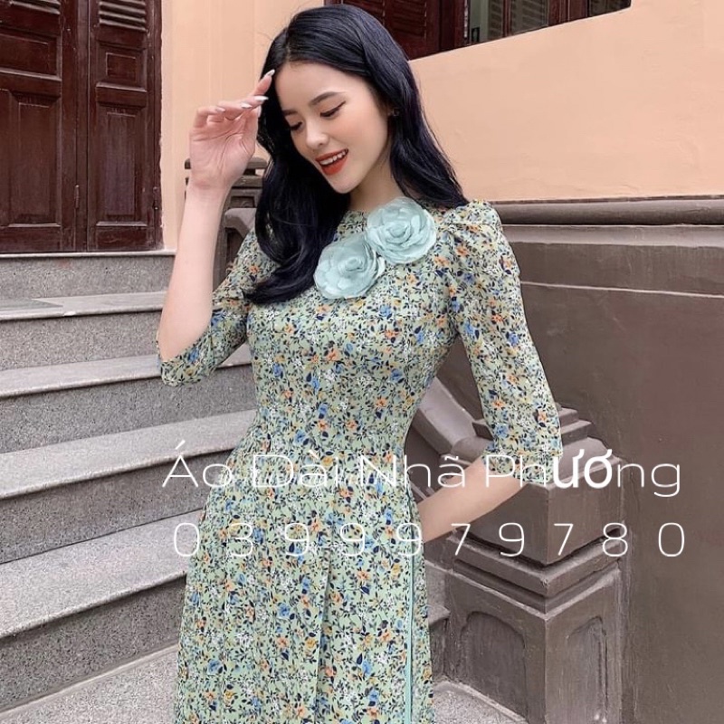 Áo Dài Hoa Nhí 4 Tà Tay Phồng Đính Hoa Nổi_Áo dài may sẵn Nhã Phương