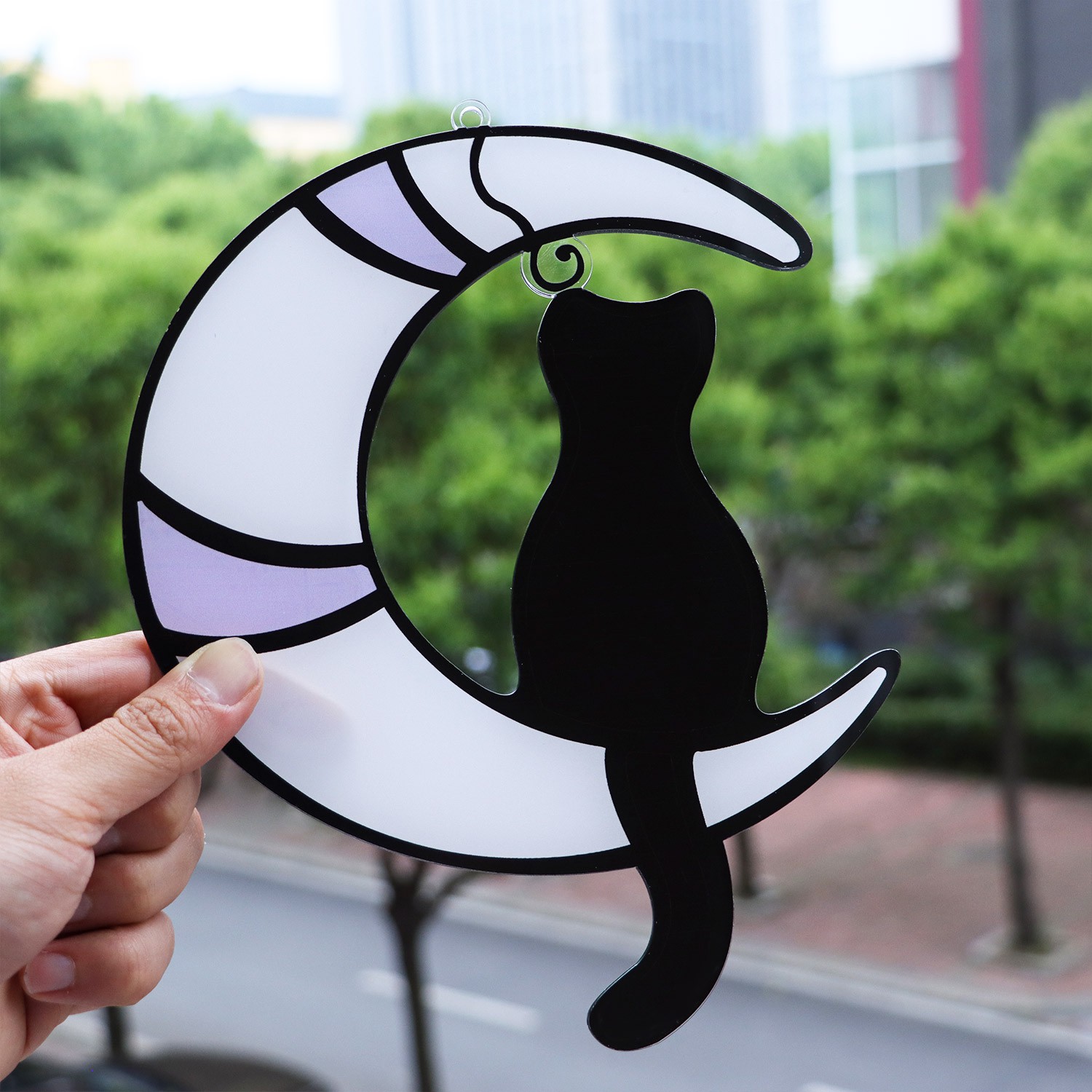 MIOSHOP Home Decor Sun Catchers Suncatchers For Windows Cat Garden Decor Stained Glass Moon Ornament Cat Glasses Window Hanging Black Cats/Multicolor