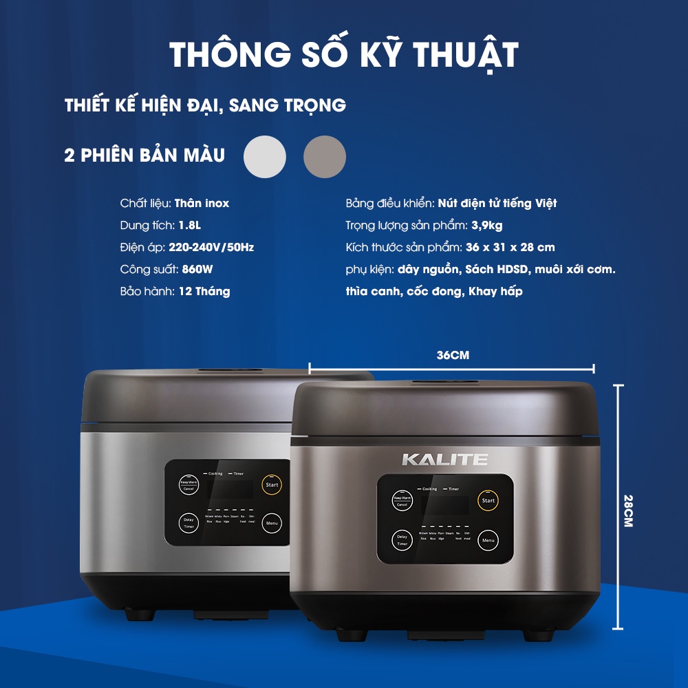 [Chính Hãng] Nồi cơm điện tử cao cấp 1,8 lít Kalite KL-620, lỗi 1 đổi 1, bảo hành 12 tháng toàn quốc