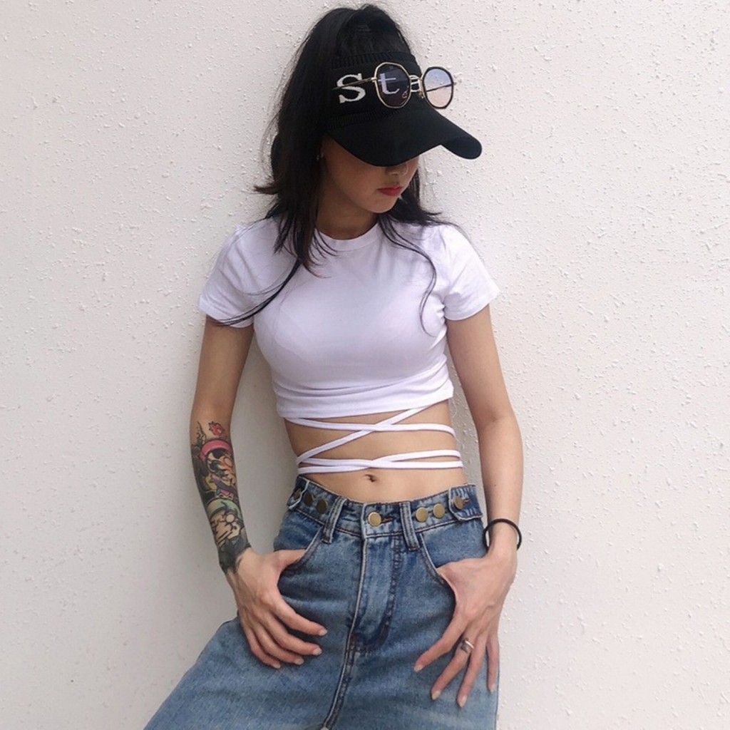 [Mã 151FASHIONSALE1 giảm 10K đơn 50K] Áo Croptop Tay Ngắn Cột Dây Eo Chất Thun Cotton Dày Dặn Hai Màu Trắng Đen