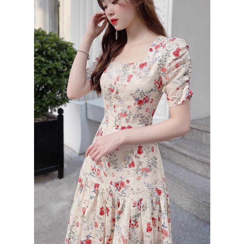 Váy Đầm Nữ Thiết Kế Cao Cấp, Cổ Vuông, Tơ Hoa Ép