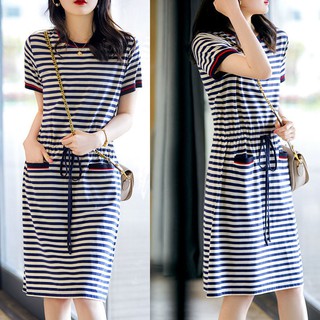 Đầm thun suông cổ tròn, ngắn tay, hàng chính hãng, dáng dài trùm gối (48kg-80kg)