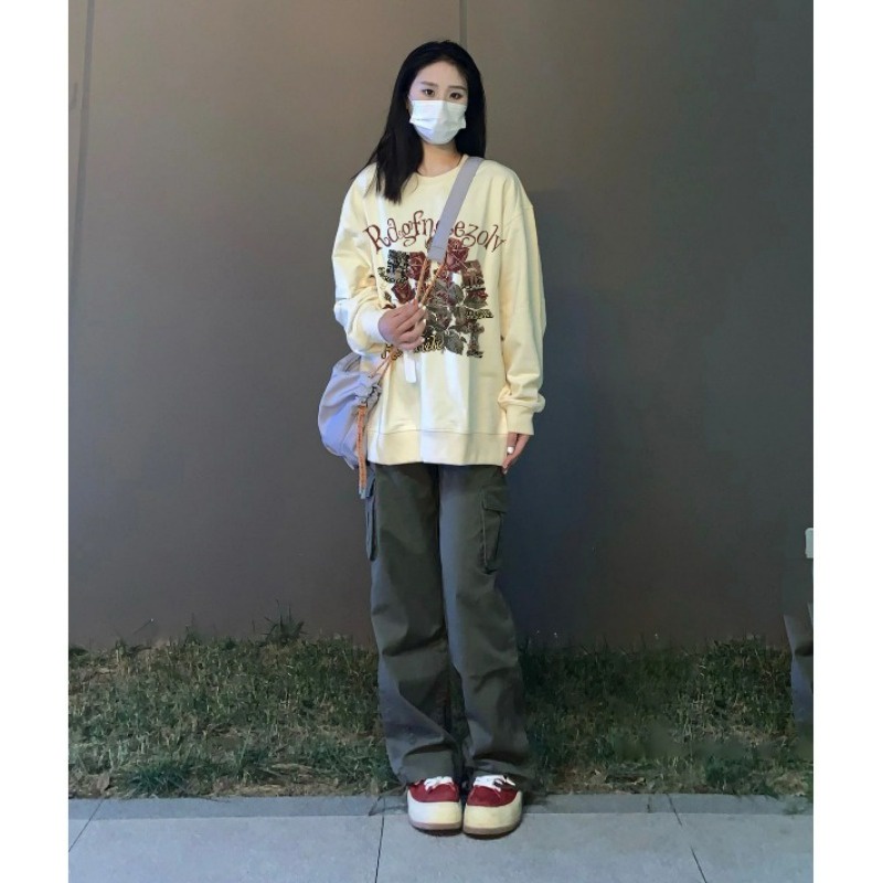 Áo sweater SELVZE tay dài cổ tròn họa tiết hoa phong cách Mỹ độc đáo