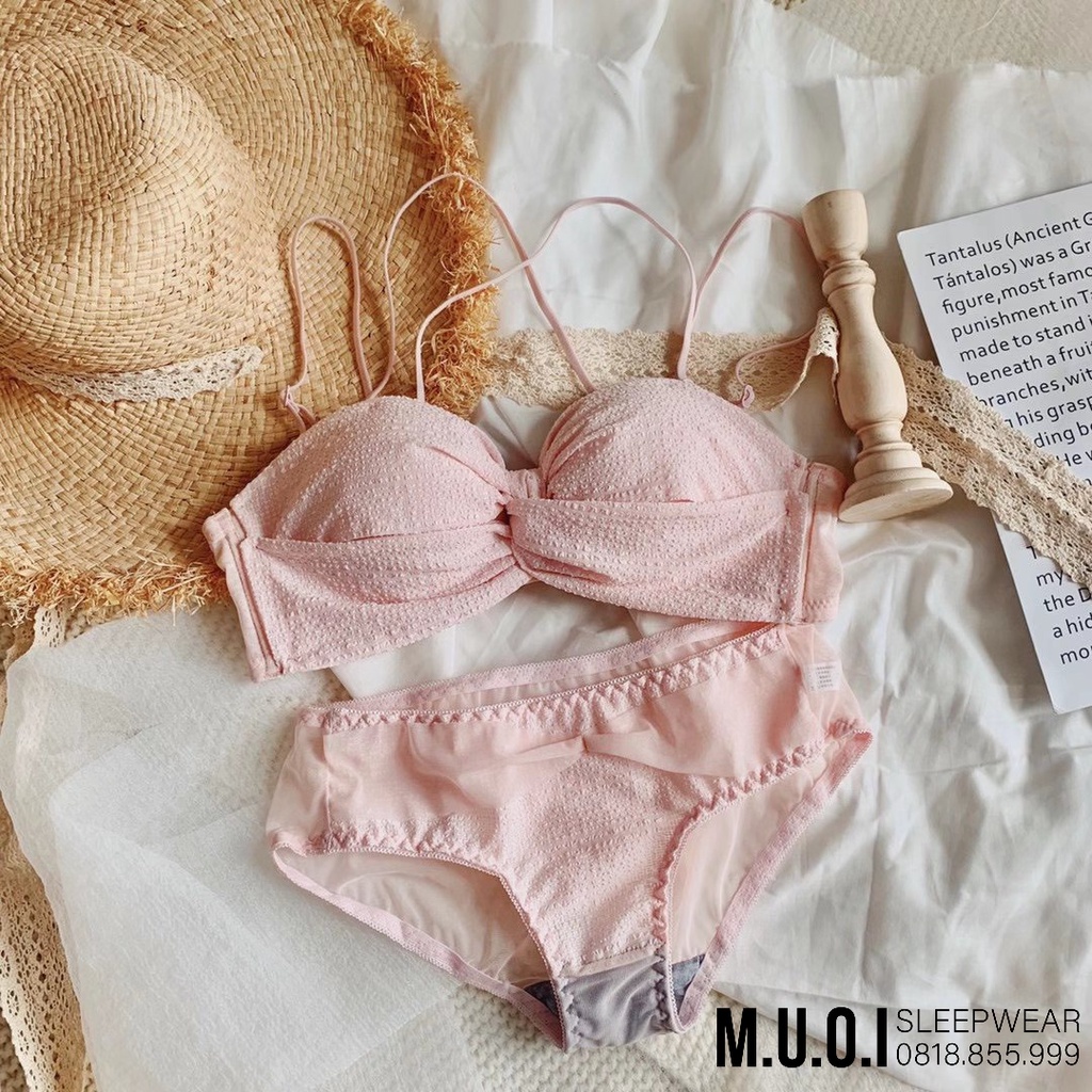 Bộ Đồ Lót Ren Mềm Sexy Nơ Xoắn Có Gọng Đệm Mỏng Siêu Đẩy Xinh Hot Hit Muối Store- B02