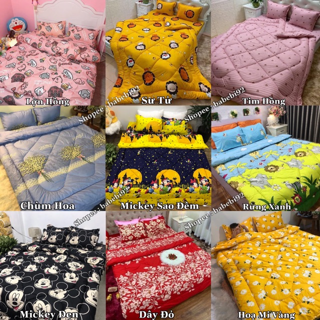 Trọn bộ 5 món ga gối chăn phao poly cotton có ruột bông dày loại 1 ( nhắn chọn mẫu )