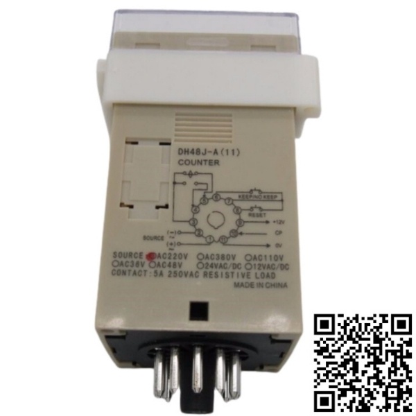Bộ đếm 4 số tự động DH48J-11 từ 1 đến 999900 digital counter 11 chân tròn điện áp 220VAC kèm chân đế PF113A