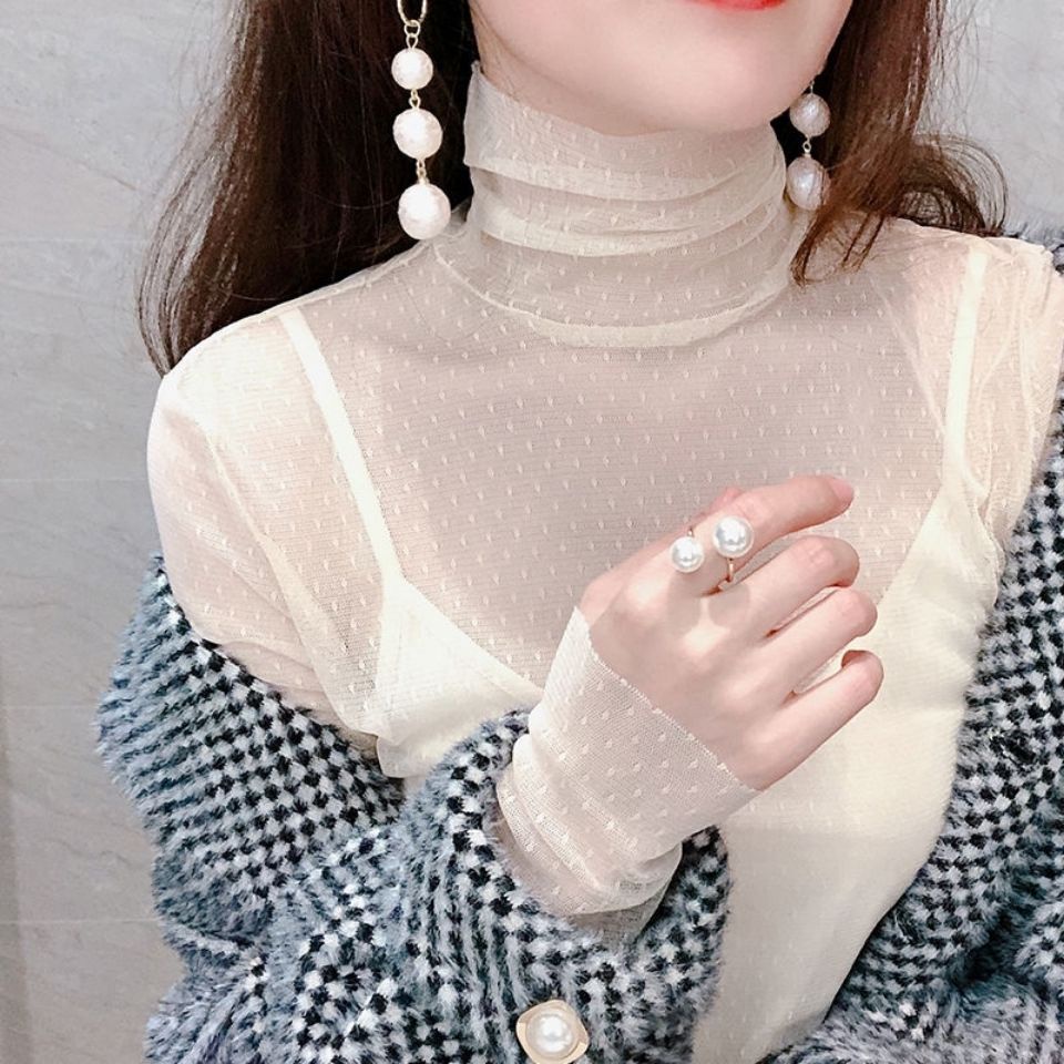 Áo phối lưới trong suốt cổ cao dáng ôm thời trang quyến rũ tùy chọn màu sắc dành cho nữ