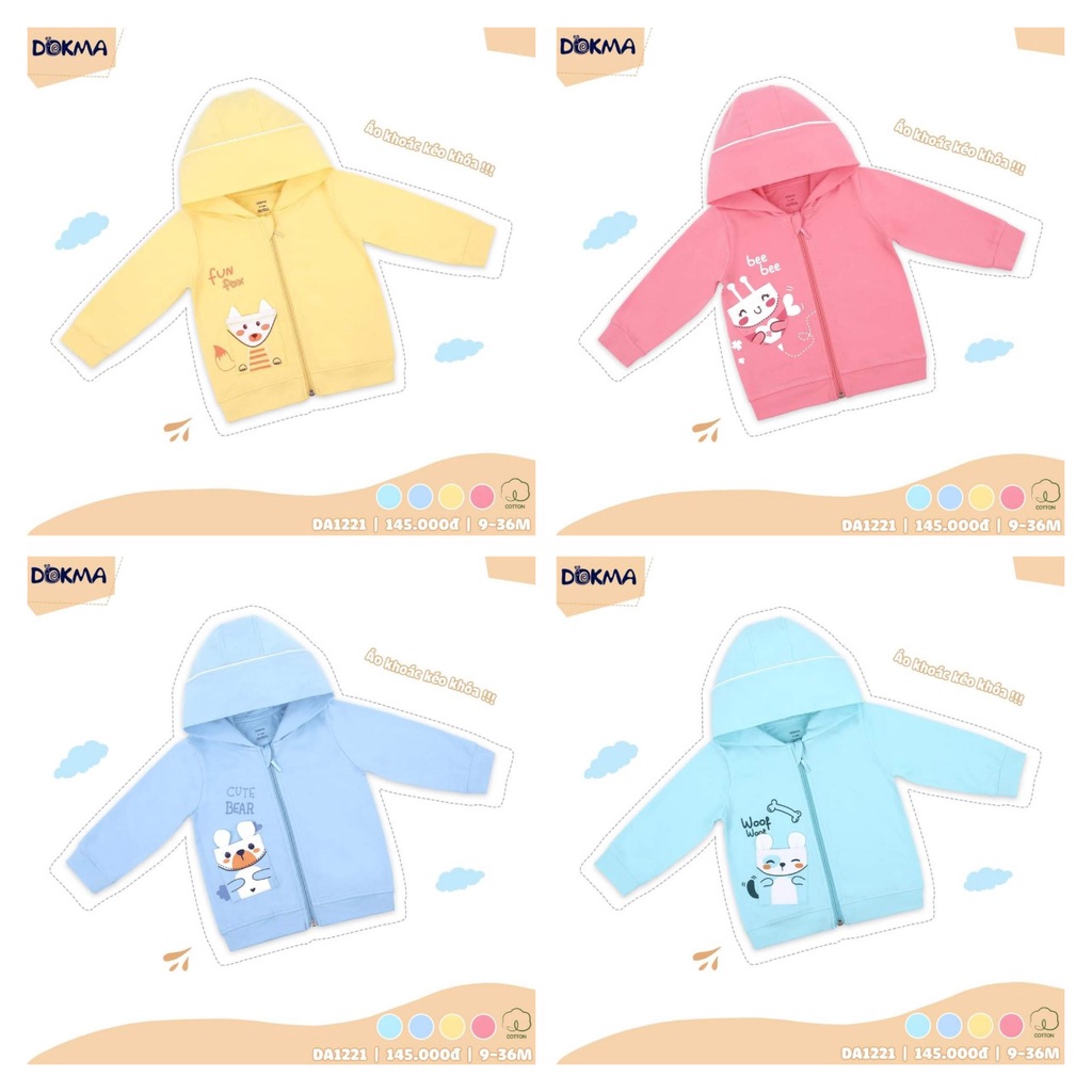 (9-.36 tháng) Áo khoác mỏng kéo khóa có mũ Dokma, chất cotton hữu cơ (DA1221)