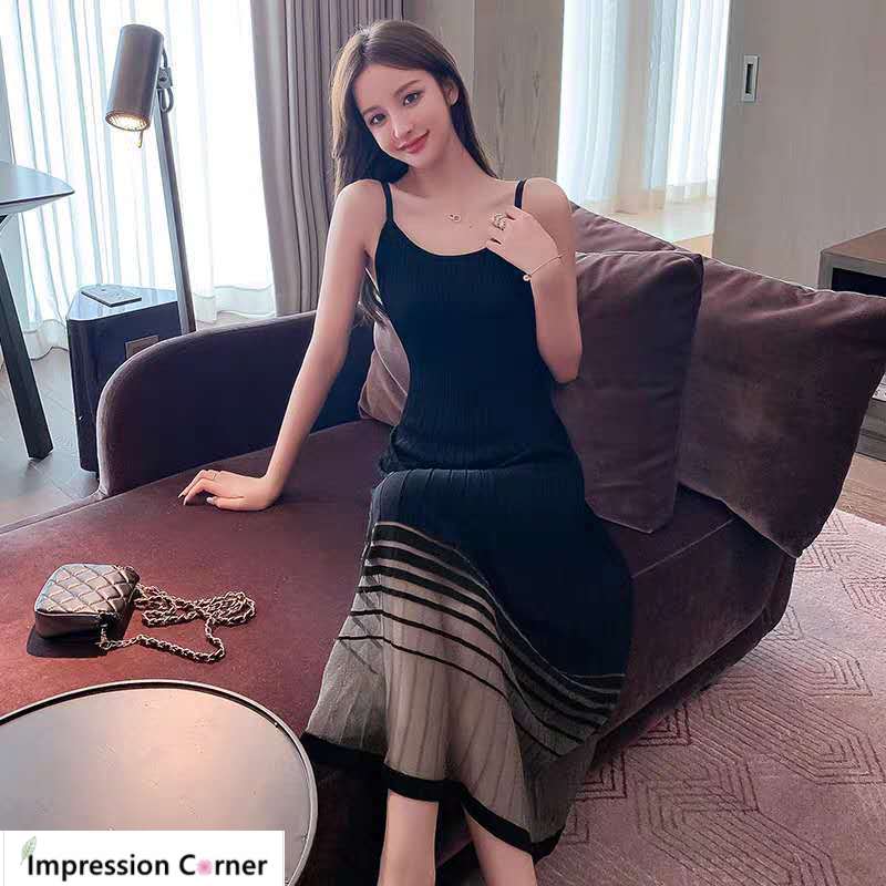 Summer new style mesh splicing ice silk suspender A-line slim and fashionable wear outside and bottom knitted skirt | BigBuy360 - bigbuy360.vn