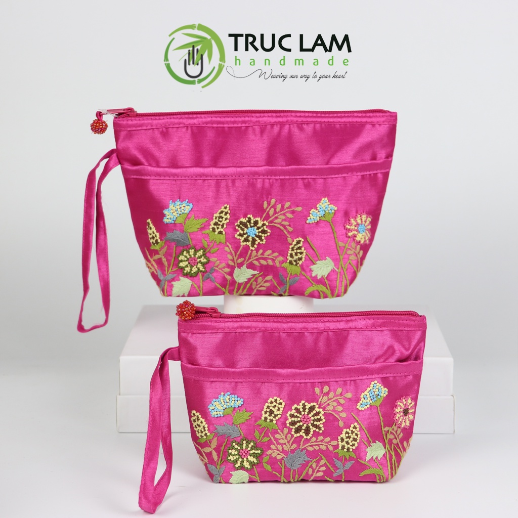 Ví Cầm Tay Nữ Vải Tafta Họa Tiết Hoa Cỏ Thêu Tay Set 2 Chiếc Thêu 2 Mặt - Trúc Lâm Handmade