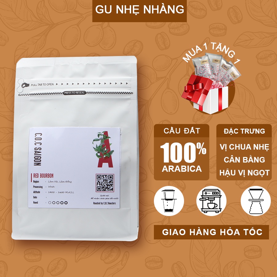 Cà phê Arabica Cầu Đất Red Bourbon nguyên chất rang mộc gu nhẹ nhàng pha máy, pha phin C.O.C Saigon