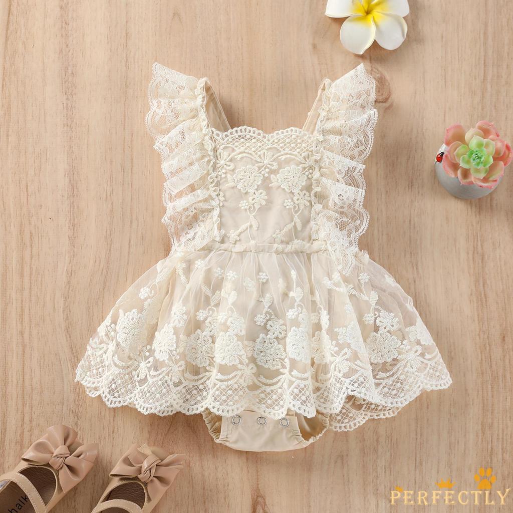 PEF-Baby Girls Summer Romper, Plain Floral Lace Embroidery Skirt Layered Adjustable Straps Snap Triangle-Bottom