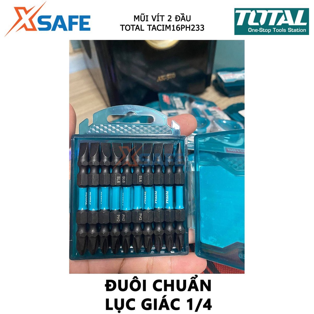 Bộ mũi bắt vít 2 đầu có từ TOTAL TACIM16PH233 | bộ 10 mũi siết vít PH2+PH2x65mm thép công nghiệp S2 tháo, siết vít nhanh