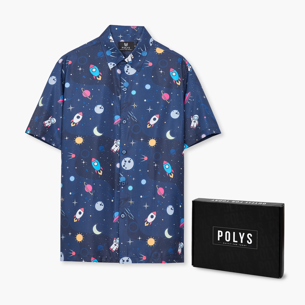 Áo sơ mi nam POLYS Fullbox chính hãng, Lụa Vân Chéo thoáng mát, không nhăn. Áo sơ mi tay ngắn họa tiết Vũ Trụ UNIVERSE