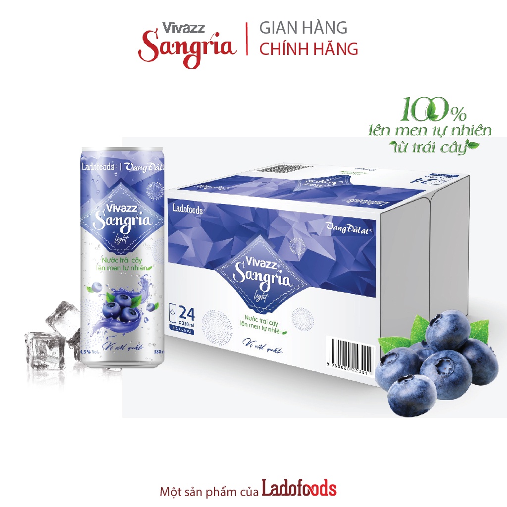 Thùng 24 lon Vivazz Sangria Light - Nước trái cây lên men tự nhiên vị việt quất -  lon 330ml