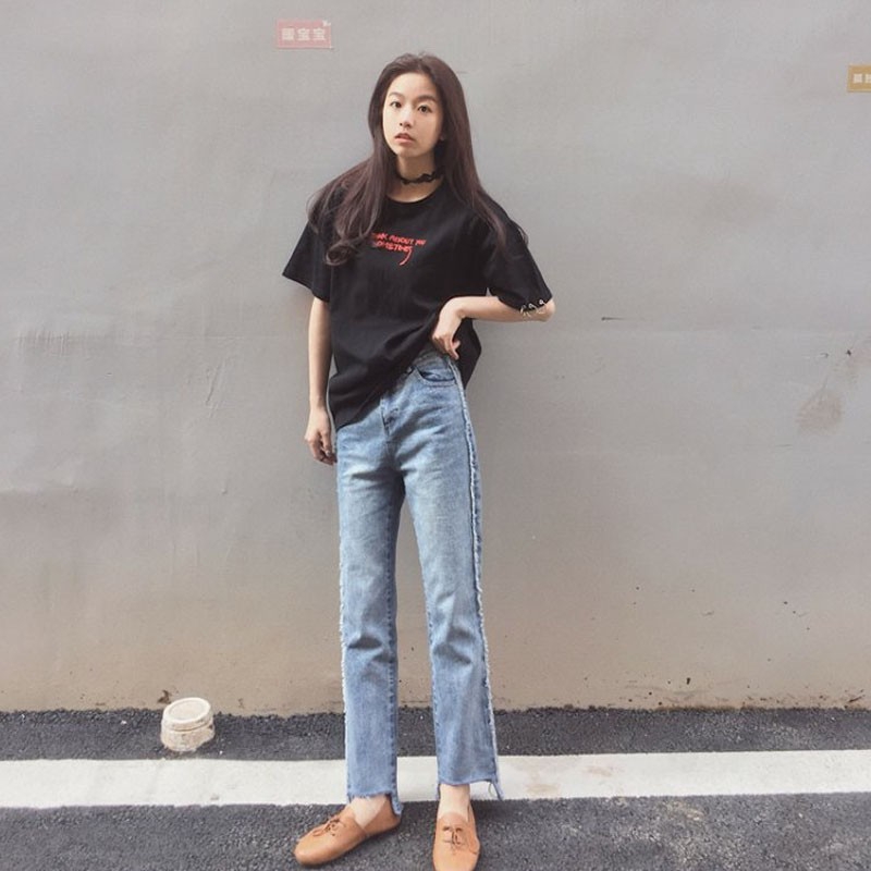 IELGY Korean version of Harajuku style hoop loose letters embroidered short sleeve T-shirt