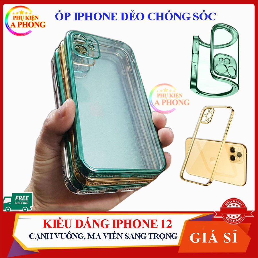 Ốp iphone cao cấp chống sốc- Kiểu dáng vuông giả IP 12 lưng trong, mạ viền IP 7Plus/8Plus/X/Xsmax/11/11Pro,...12 Pro Max