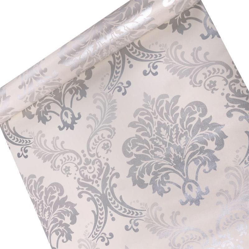10m giấy dán tường hoa văn châu âu màu bạc khổ rộng 45cm có keo dán sẵn