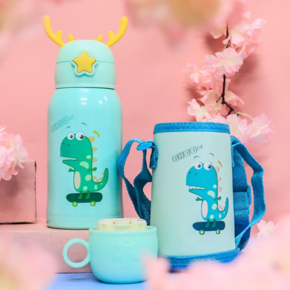 [Mẫu mới] Bình nước giữ nhiệt sừng hươu cao cấp có túi đeo, có 2 kiểu nắp đậy, ống hút, cốc uống nước, thép không gỉ 316