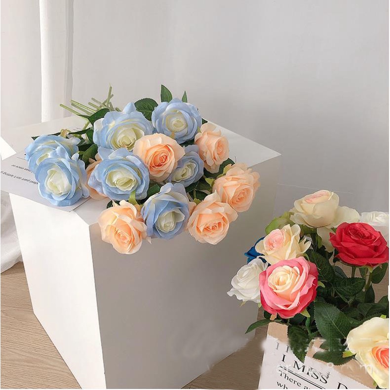Bó Hoa Hồng Nhân Tạo Màu Xanh Dương Băng Dùng Trang Trí Tiệc Cưới DIY