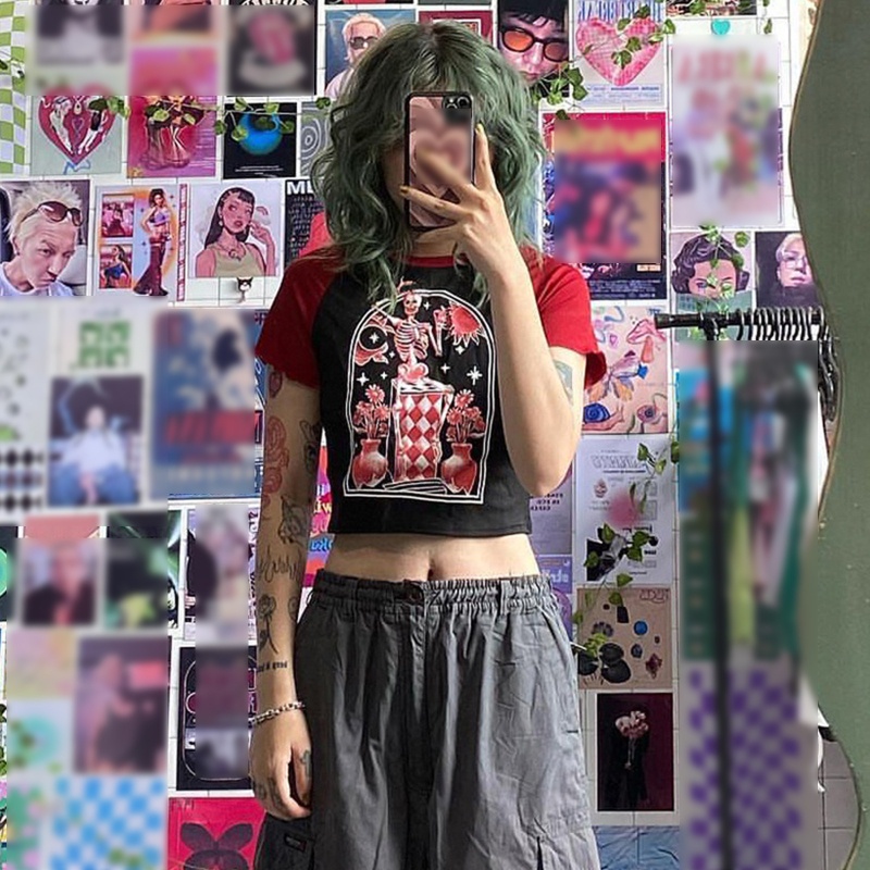 Áo Thun Crop Top Nữ Tay Ngắn In Hình Bộ Xương Màu Sắc Nổi Bật
