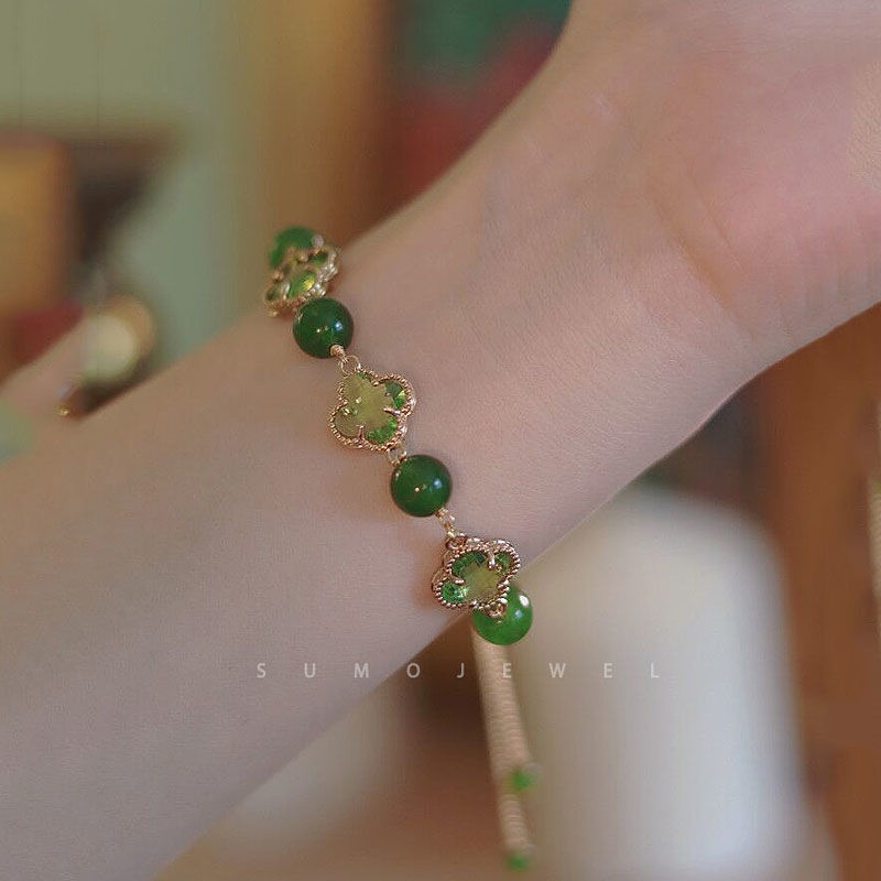 Vòng Tay Cỏ Bốn Lá Màu Xanh Lá Tráng Men Sang Trọng Phong Cách Retro May Mắn Cho Nữ