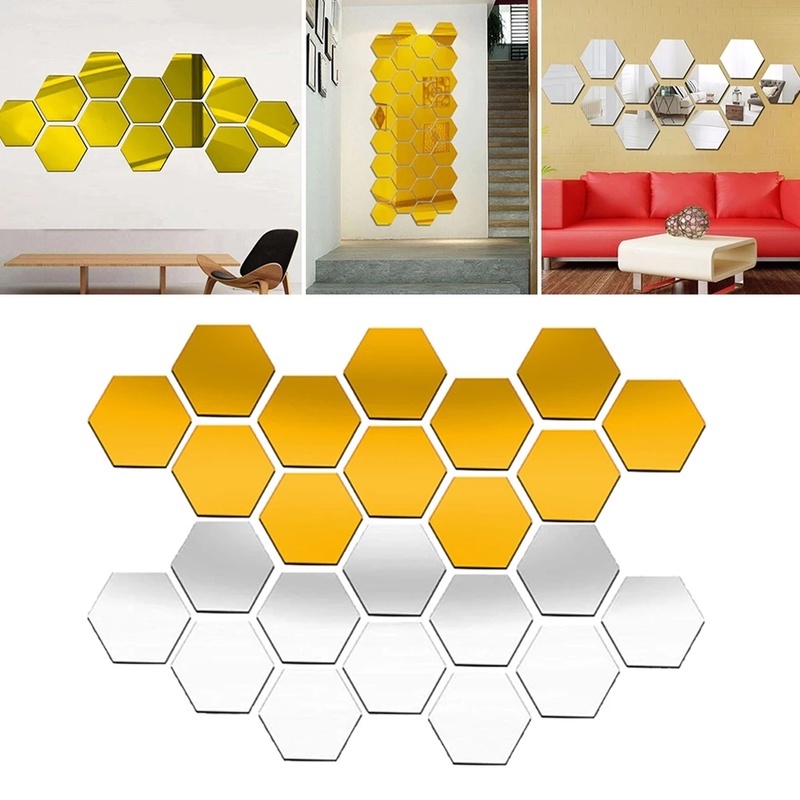 Set 6 Miếng Dán Tường Tráng Gương Hình Lục Giác Chất Liệu Acrylic Có Thể Tháo Gỡ Trang Trí Nhà Cửa
