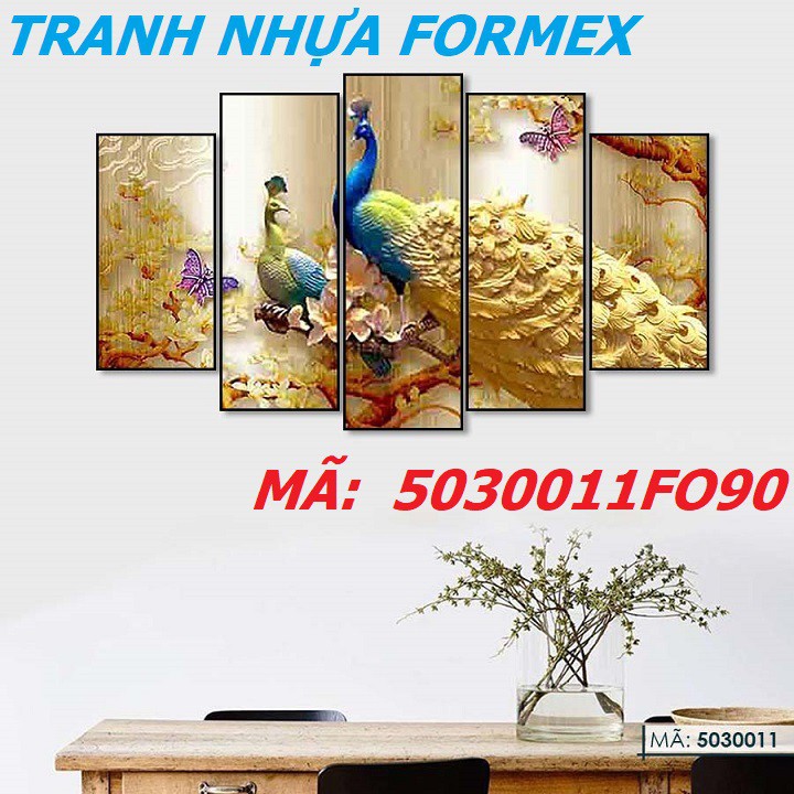 5030011FO120 Bộ 5 Tấm Tranh ghép treo tường Phong Thủy Hoa Mẫu Đơn Chim Công Khổng Tước trang trí phòng khách phòng ngủ