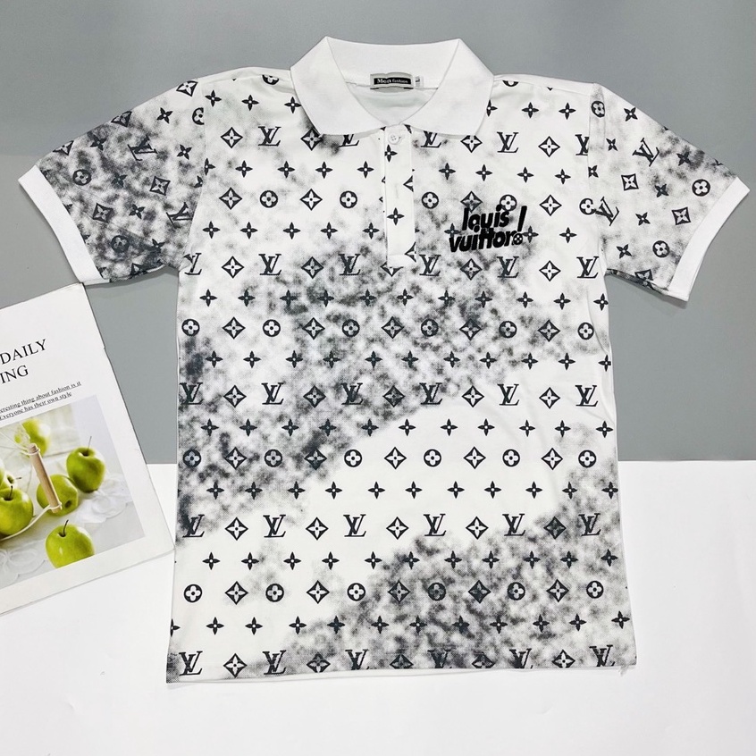 Áo thun nam cổ trụ, ngắn tay, chất cotton thời trang, in họa tiết LV phối loang màu cực Hot
