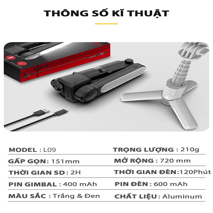 Gậy Chụp Hình GIMBAL L09, Gậy Selfie Cầm Tay L09 Có Đèn Led - Gậy chụp hình Chống Rung Cho Iphone Và Android